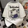 Camiseta de Manga Corta de Algodón Puro con Estampado de Letras de Auriculares Estilo Americano, Tendencia Primavera Verano, Cuello Campana, Patchwork a Cuadros, Top para Pareja para Hombre