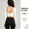 Novo top de yoga com costas cruzadas, mangas compridas e bojo embutido, feito de elastano de alta elasticidade, adequado para Pilates e fitness para mulheres