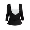 Camiseta Manga Longa Preta Estilo Americano Gola V Falsa Duas Peças para Mulheres Primavera/Verão Estilo Coreano Slim Fit Design Acinturado Camada Interna Base