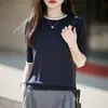 Nuevo estilo de verano, conjunto de dos piezas, top de punto de manga corta color block para mujer, corte relajado, cuello redondo, fino, manga media, top de Tencel