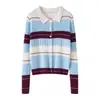 Nuevo Cárdigan de Punto de Cachemira a Rayas Color-Block Otoño/Invierno para Mujer, Elegante Cuello Solapa Francés Ajustado Camisa Superior Chaqueta