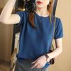 Verão Novo Estilo Gola Redonda Cor Sólida Malha de Algodão Manga Curta Camiseta Feminina Solta Tamanho Grande Algodão Linho Top Vazado Peça Única Atacado