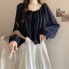 Blusa de encaje con cordones, manga larga, estilo nuevo, con volantes, forma de capullo, para mujer, top holgado y adelgazante