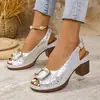 Sandalias de tacón alto para mujer de talla grande, estilo romano, con boca de pez y hebilla cuadrada, nuevo diseño de verano 2025, comercio exterior europeo y americano