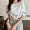 100% Algodón Cintura Alta Corto Manga Corta Camiseta Mujer Verano Manga Rota Sólido Media Manga Top Casual Japonés y Coreano