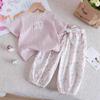 Conjunto de Verano para Niñas Bebé Elegante Infantil Moderno Versión Coreana Pastoral Floral Camiseta Encaje Dulce Pantalones Linterna