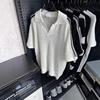 Blusa de Tricô de Manga Curta para Verão, Tendência, Vazada, Respirável, com Decote V para Homens, Design Casual Solto Retro Americano com Gola Reversível