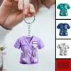 Llavero de Uniforme de Dentista de Cristal Plano 2D - Lindo Diseño Dental Morado con Dientes y Herramientas