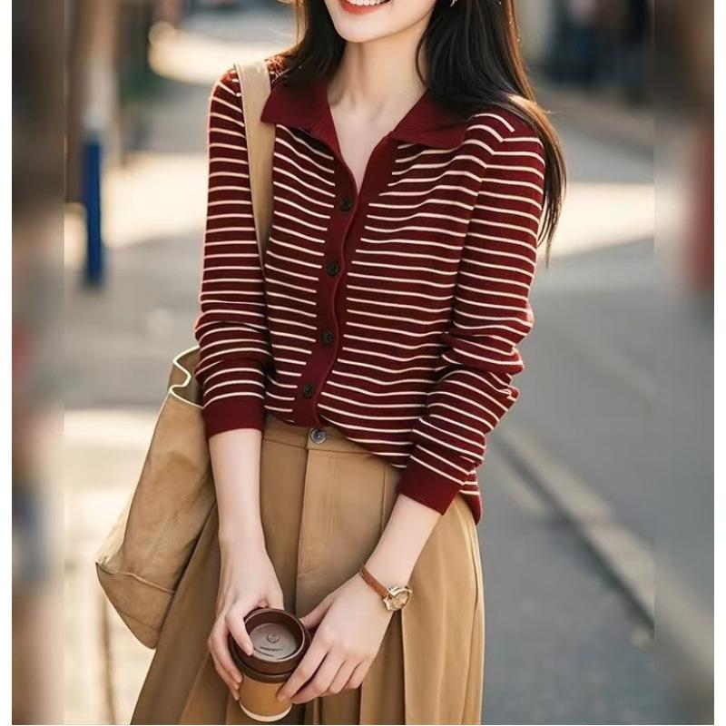 安可拉红色条纹翻领打底针织衫女2024秋季新款设计感慵懒长袖