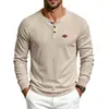Camisa Henley de Punto Waffle para Hombre 2026 Manga Larga Color Sólido Manga Ranglán Tapeta de 3 Botones Top Casual