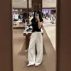 Pantalones de Lino Blanco de Pierna Ancha para Mujer Verano Simples Perezosos Sueltos Caídos Largos hasta el Suelo Relajados Casuales de Pierna Recta Delgados