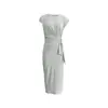 Vestido Largo Rayado de Cuello Redondo y Manga Corta con Cinturón Estilo Elegante Transfronterizo Vestido de Verano para Mujer