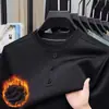 Moletom masculino de inverno com gola redonda e forro de fleece, vestuário casual masculino, camiseta de manga comprida quente com três botões, disponível para atacado
