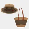 Chapéu de Palha Estilo Coreano Primavera e Verão Moda Bolsa de Grande Capacidade Conjunto para Mulheres Casual Versátil Color-Blocking Chapéu de Sol para Exterior