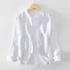 L942 camisa pequeña fresca de cuello mao para hombre lino manga larga corte slim color sólido cuello pequeño camisa blanca algodón lino cuello redondo