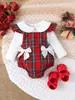 Conjunto de Primavera Blanco con Cuello, Peto a Cuadros Rojos con Tirantes, Atuendo Lindo y Energético para Bebé Gateando, Transfronterizo Europeo y Americano