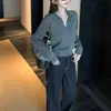 Tricô Casual de Alta Qualidade com Gola Polo para Mulheres, Blusa Casual Relaxada de Manga Longa com Decote V