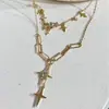 Collar de Corazón de Doble Capa y Estrella de Ocho Puntas para Mujer Cadena Gruesa de Eslabones de Clip Colgante de Corazón y Estrella de Cuatro Puntas Dulce Fresco