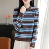 Camiseta de tricô listrada de manga longa 100% algodão transfronteiriça para mulheres, camisa básica casual solta com gola redonda e ombro normal