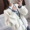 Suéter Versátil de Chenille Macio e Ceroso Roupas Externas Femininas Primavera e Outono Novo Visual Solto Emagrecedor Cardigã Tricotado de Veludo Imitação de Vison Color Block