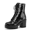 Botas Martin Europeias e Americanas Transfronteiriças de Lantejoulas para Mulheres, com Solado Grosso, Salto Bloco, Botas de Cano Curto de Salto Alto, Botas para Show de Palco, Botas Fashion com Cadarço Tamanho Grande