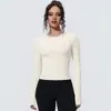 Camiseta Esportiva Casual Europeia e Americana de Cor Pura, Manga Longa, Cintura Ajustada, Respirável, para Yoga, Corrida, Treinamento, Top Fitness Nude
