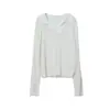 [Oufan] Tejido de punto con trenzado de lino Tencel, cuello de gaviota, top de manga larga nuevo de verano para mujer 11205
