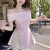 Tejido de punto para mujer de verano, estilo nuevo, cuello de una sola palabra, manga corta, color liso, ajuste ceñido, estilo Spice Girl, deseo puro, cintura ajustada, top para mujer con abertura
