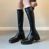 Botas de cano alto emagrecedoras, botas longas para outono e inverno, botas longas estilo coreano vintage com fivela para mulheres, botas de montaria de inverno com bico quadrado, botas finas