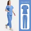 Uniformes de Enfermera Claros y Oscuros Color Sólido Manga Corta Pantalones Laboratorio Escuela Enfermera Ropa de Trabajo Traje Delgado Talla Grande Mujer
