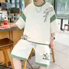 Novo Estilo Chinês Estilo Nacional Terno Masculino Verão Jovem Estudante Casual Fino Manga Curta Camiseta Masculina Calça de Cinco Pontos Caída