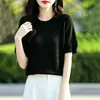 Top de punto para mujer con cuello redondo, manga corta, de seda de hielo, nuevo estilo verano 2026, color liso, calado, corte holgado, camiseta básica estilo coreano