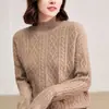 Suéter de caxemira espessado de outono e inverno com padrão trançado, gola alta meia, suéter de malha de caxemira de cabra cor pura para mulheres, blusa de base quente