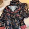 Pijama Feminino Estilo Retrô com Estampa de Urso Xadrez, Conjunto de Cardigan com Renda de Manga Longa e Calça Longa para Primavera e Outono, Roupa de Casa Casual