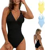 Nuevo traje de baño de una pieza sexy de estilo europeo y americano, color liso, con pliegues para ceñir la cintura, efecto reductor y para ocultar el abdomen, traje de baño para vacaciones para mujer