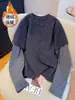 Camiseta de Manga Larga a Rayas de Terciopelo Alemán Cepillado, Falsa de Dos Piezas para Mujer, Top Versátil de Moda Otoño e Invierno, Camiseta Gruesa Cálida de Capa Base