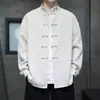 Camisa masculina de manga comprida, camisa casual estilo chinês com gola alta, mistura de linho, plus size, algodão e linho, bordada, com botões de nó chinês tradicional, adequada para primavera e outono