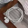 Pulseira de Contas Tubulares Redondas Curvas de Prata de Três Camadas Estilo Coreano para Mulheres, Multi-Círculos, Design com Letras em Inglês, Feita à Mão, Pulseira de Contas Simples e Versátil