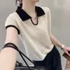 Camisa de Punto de Manga Corta para Mujer Estilo Nuevo Verano 2025 con Cuello de Solapa y Colores Contrastantes, Elegante y con Estilo, Efecto Adelgazante, Camiseta