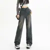 Jeans de Pierna Ancha Color Gris Cemento para Mujer Sueltos Primavera y Otoño Cintura Alta Ropa de Primavera Nostálgico Retro Edición Estrecha Pantalones Rectos 0