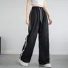 Calça Esportiva de Seda Gelada de Secagem Rápida para Mulheres, Nova Calça Reta Listrada de Cintura Alta Primavera/Verão 2026, Calça de Pierna Larga Solta Estilo Preguiçoso