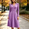 Vestido midi de manga comprida com babados, acinturado, cor sólida, decote V, novo, transfronteiriço europeu e americano, para mulheres, 2026