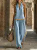 Conjunto de pantalones anchos de color block de verano para mujer, conjunto de dos piezas de moda de algodón y lino, sitio independiente transfronterizo de Amazon europeo y americano 2026