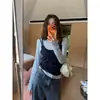 Chic y única camiseta azul de dos piezas de manga larga estilo coreano para mujer, perfecta para principios de otoño, un top deslumbrante y hermoso para llevar sola