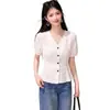 Sí, blusa de gasa de manga corta estilo francés para mujer, top de verano ajustado a la cintura, adelgazante, con mangas abullonadas