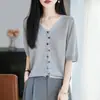 Estilo Ligero y Elegante, Suéter de Punto Transpirable de Lino Hielo con Cuello en V y Manga Corta para Mujer, Cárdigan Suelto de Verano con Botones, Top Cómodo, Camiseta de Moda
