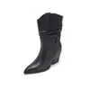 Botas de Piel de Vaca de Primera Capa hasta Media Pantorrilla para Mujer Botines de Moda Invierno Nueva Llegada Punta Fina Tacón Grueso Botas de Tacón Alto Botines Arrugados para Mujer Botas de Media Pierna de Cuero Genuino