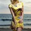 Nuevo Vestido Corto Qipao Retro Mejorado Estilo Chino con Estampado, Cuello Alto, Cintura Ceñida, Dobladillo Irregular y Espalda Abierta para Mujer