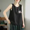 Camisola bordada de retazos de algodón y lino para mujer, top sin mangas de corte holgado para usar en capas o como prenda exterior, negro