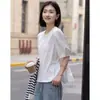 Estilo preguiçoso de verão gola redonda manga bufante bainha com retalhos solta emagrecedora camiseta feminina feel